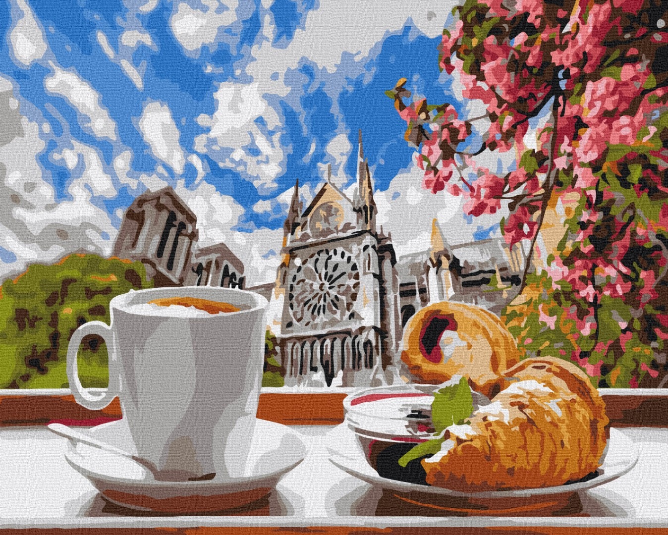 Mal efter tal - Coffee with croissant on the background of the cathedral