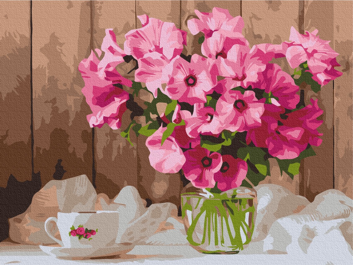 Mal efter tal - Pink petunias on the table