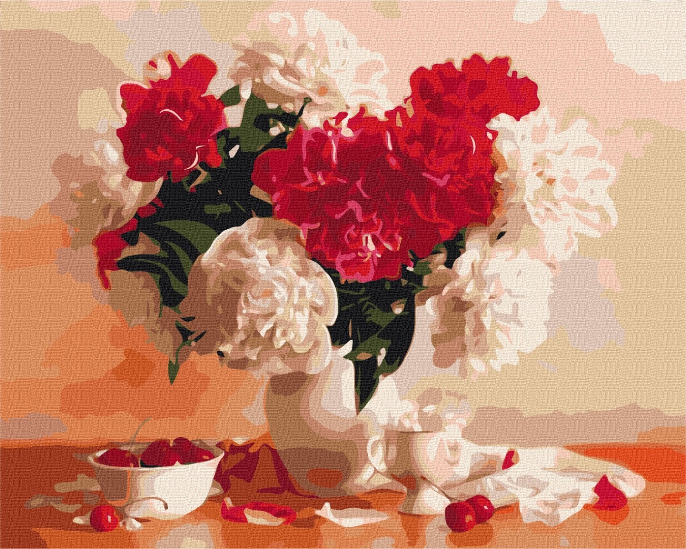 Mal efter tal - Red and white peonies and cherries