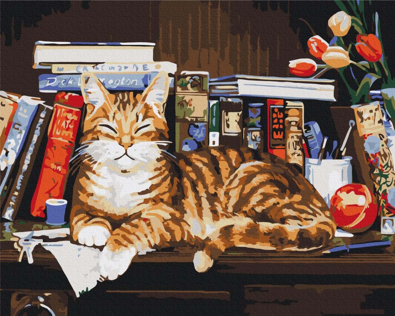 Mal efter tal - Cat on the bookshelf
