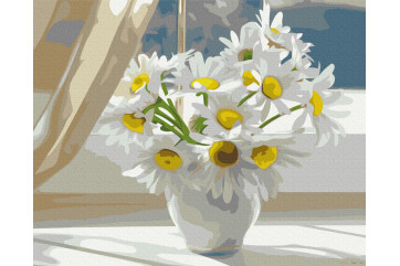 Mal efter tal - Chamomiles in a white vase on the window - blomster
