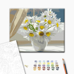 Mal efter tal - Chamomiles in a white vase on the window