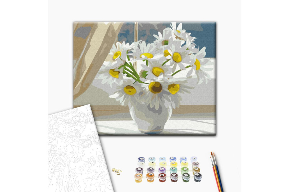 Mal efter tal - Chamomiles in a white vase on the window