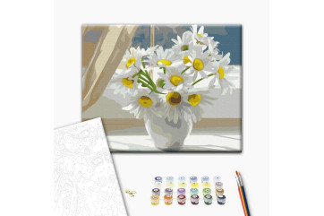 Mal efter tal - Chamomiles in a white vase on the window