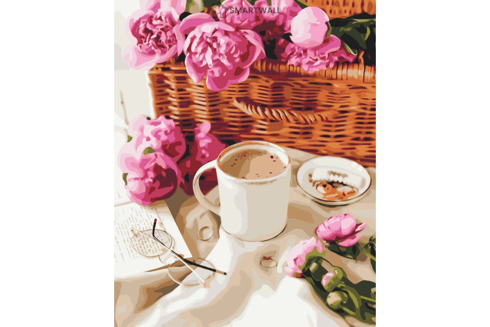 Mal efter tal - Peonies in a basket - mad og drikke