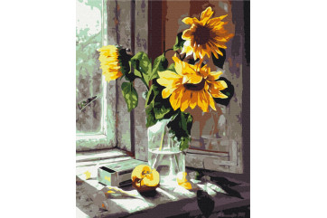 Mal efter tal - Bouquet of sunflowers in the window - blomster