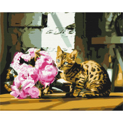Mal efter tal - Spotted cat with flowers - blomster