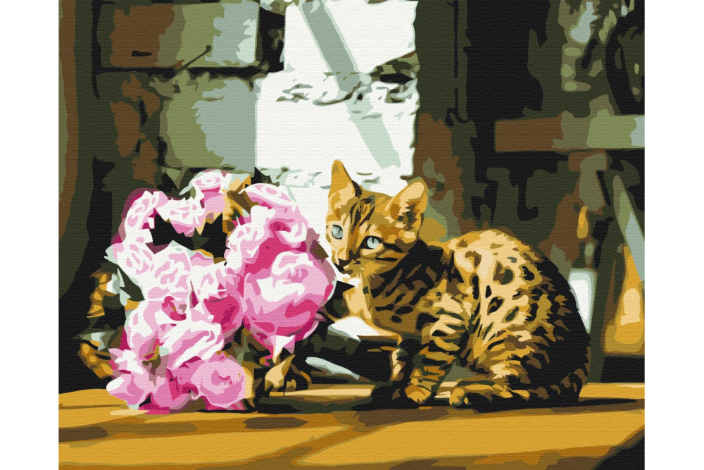 Mal efter tal - Spotted cat with flowers - blomster