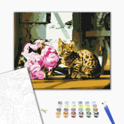 Mal efter tal - Spotted cat with flowers