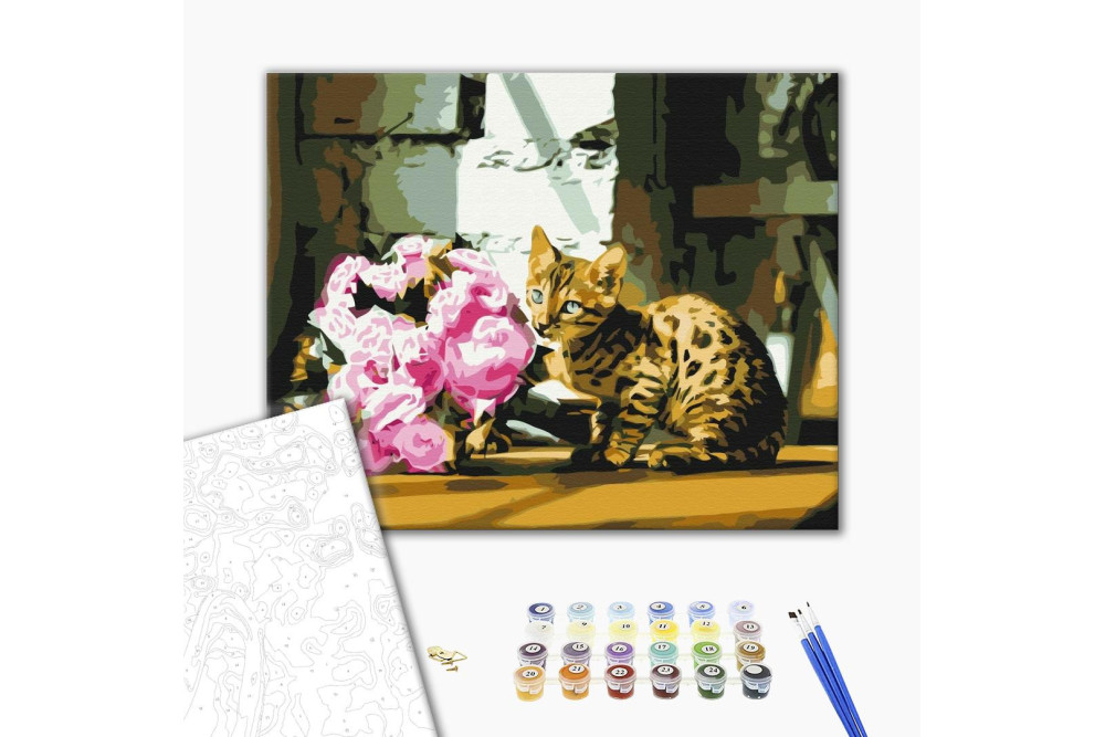 Mal efter tal - Spotted cat with flowers