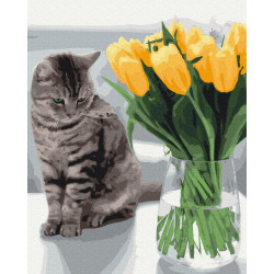 Mal efter tal - Cat with tulips - blomster