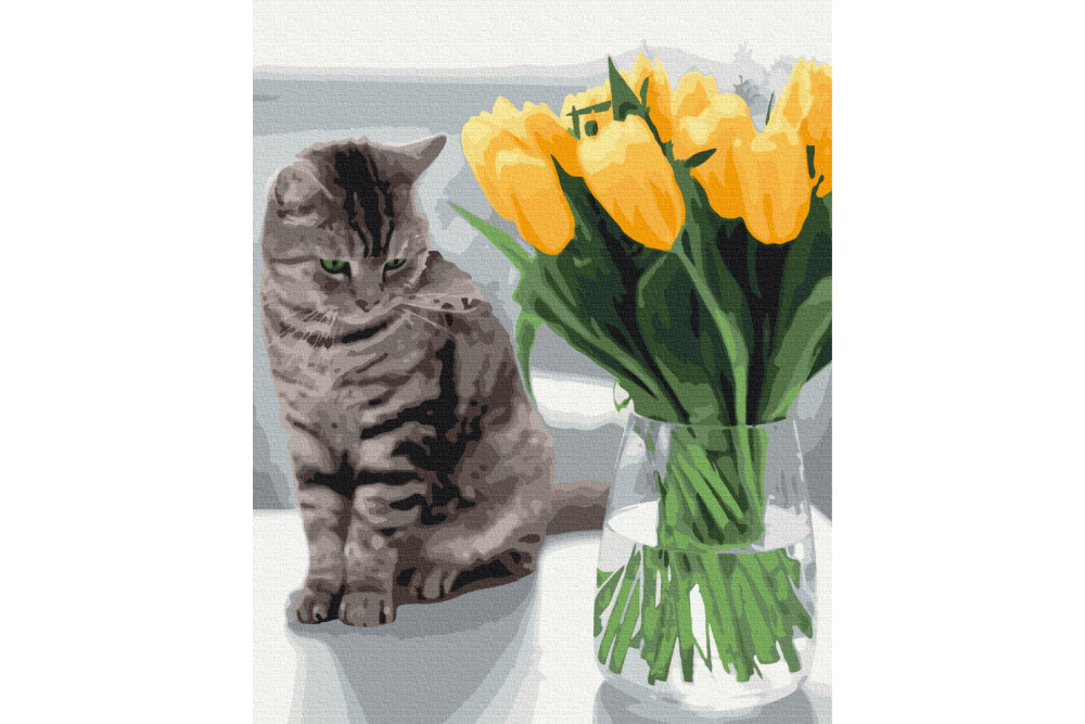 Mal efter tal - Cat with tulips - blomster