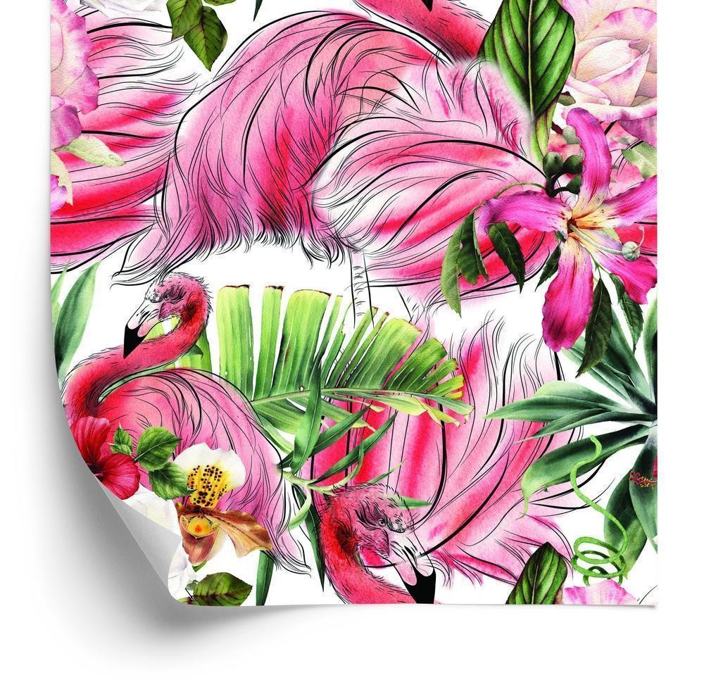 Tapet - Til stuen flamingoer roser blomster blade