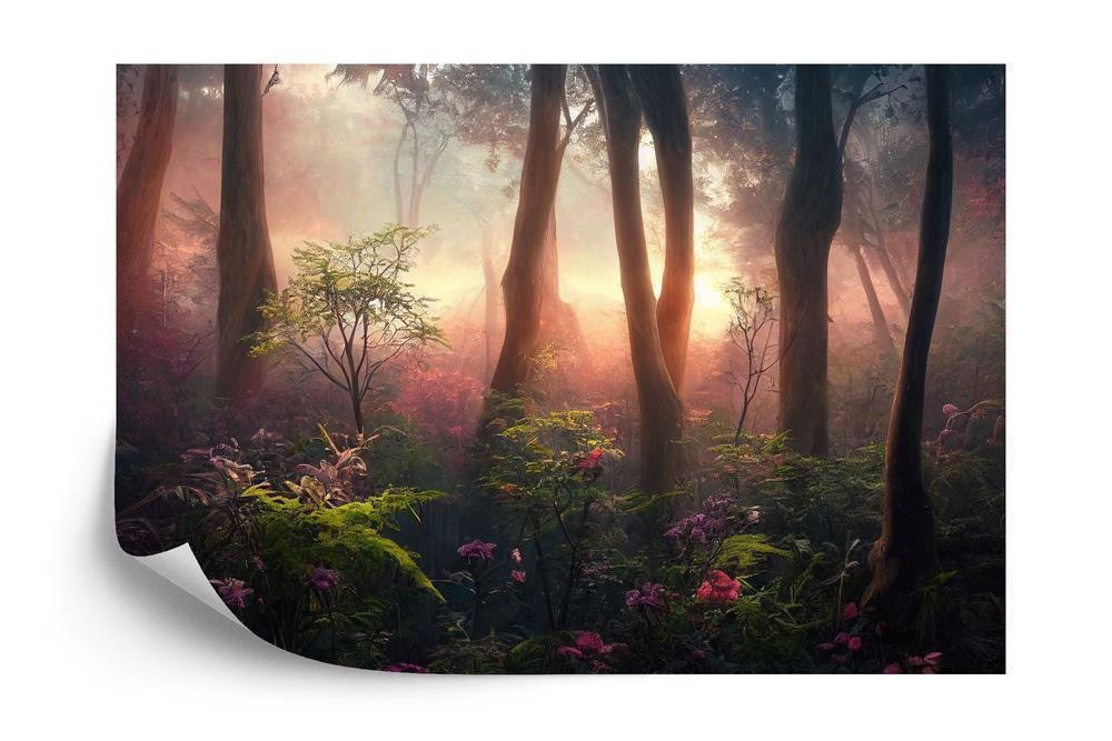 Fototapet - Colorful sunset forest scenery with beautiful trees and plants natural green environment with amazing natur