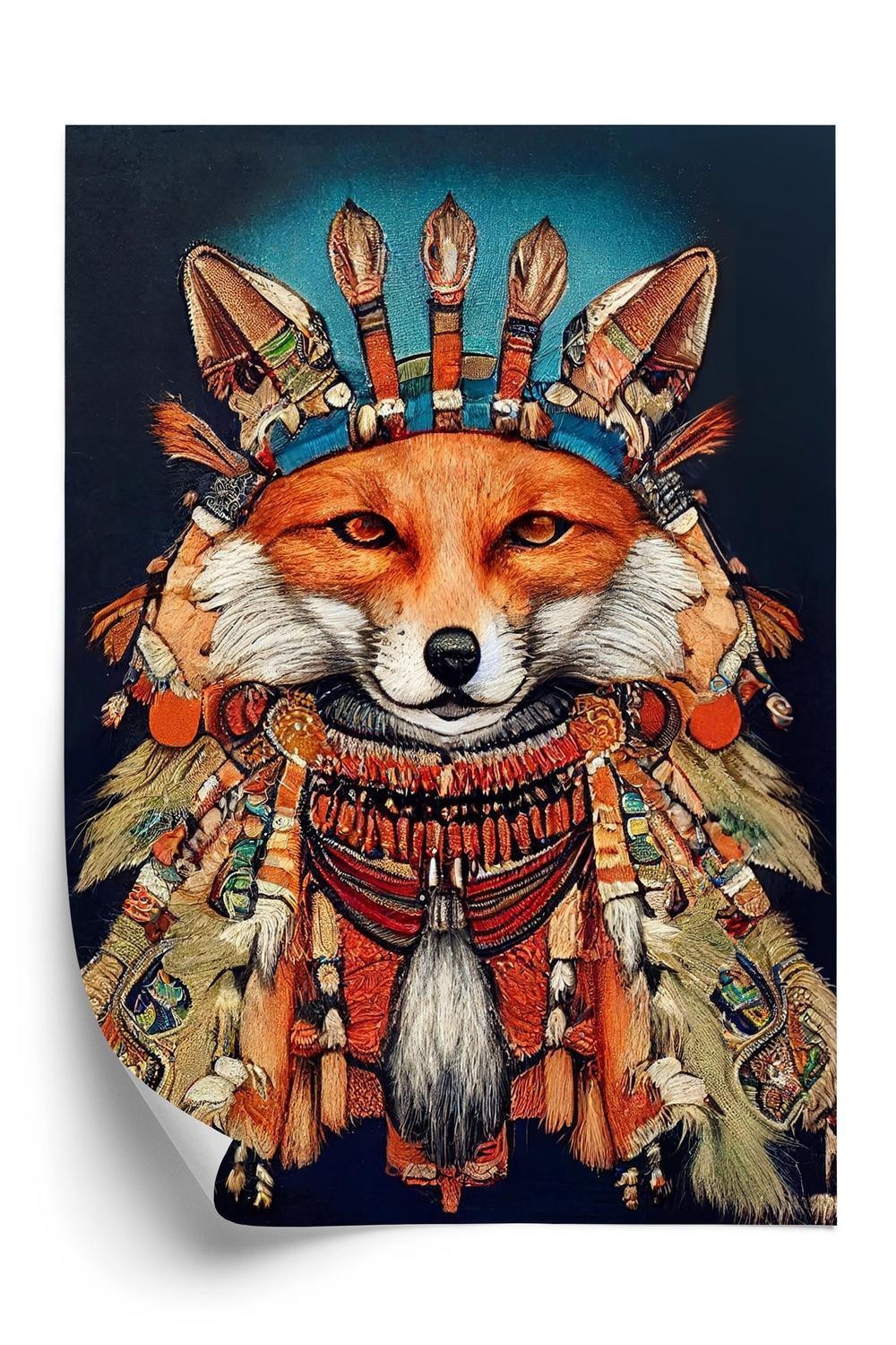 Plakat - Red tribal fox portrait. vintage hand drawn for t-Shirt poster clothes.