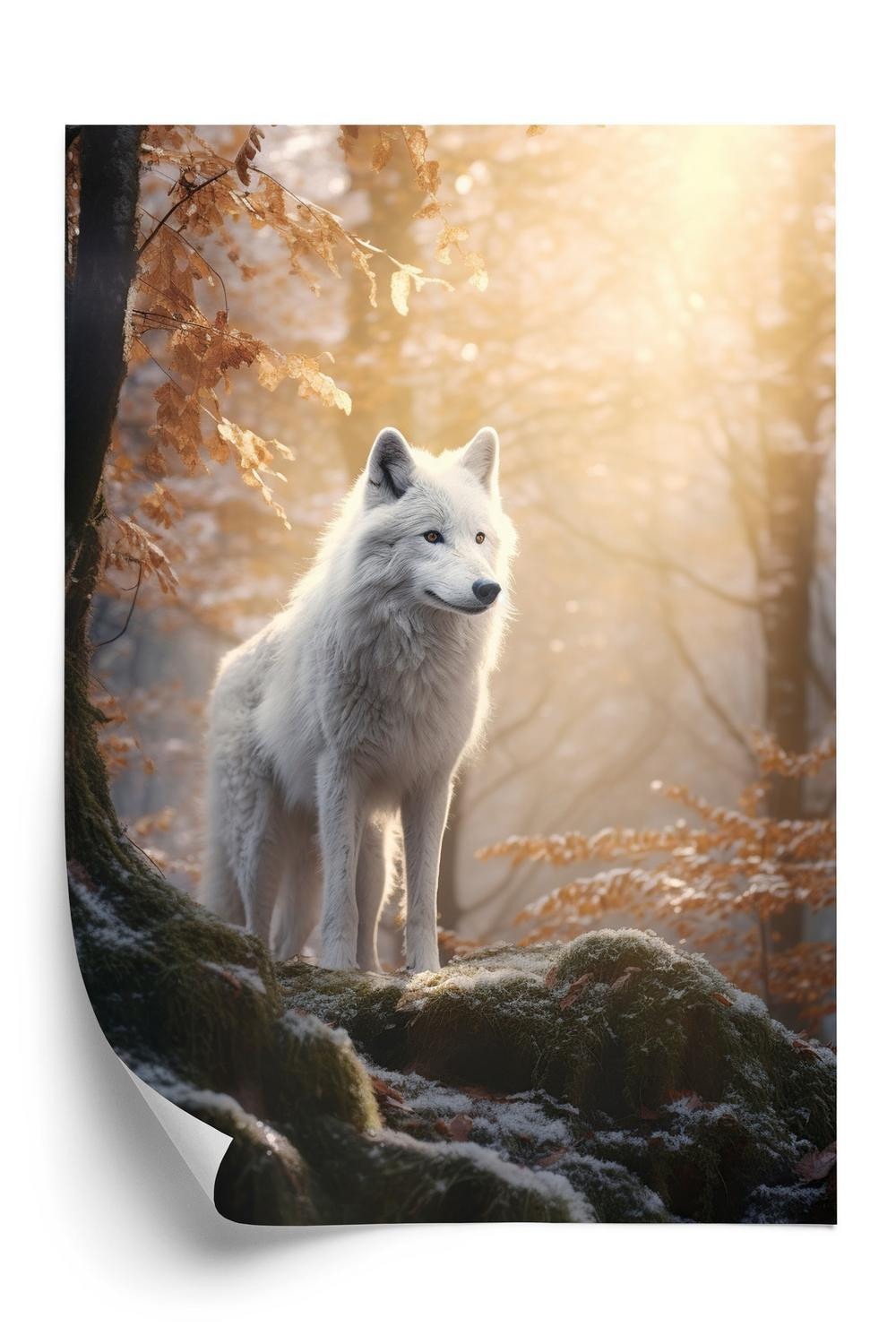 Plakat - Hvid ulv står på en sten i skoven