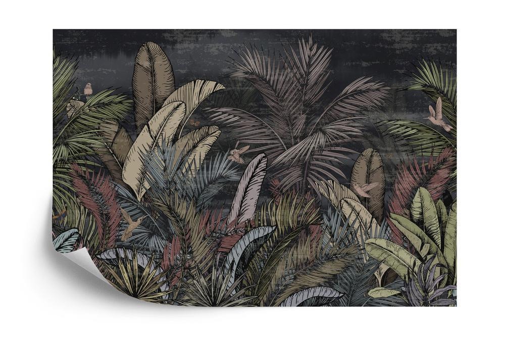 Fototapet - Pattern wallpaper jungle tropical drawings of palms trees and birds of different colors with birds and black