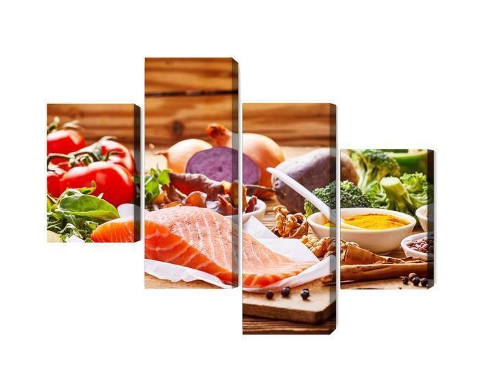 Flerdelt billede på lærred laks blandt grøntsager