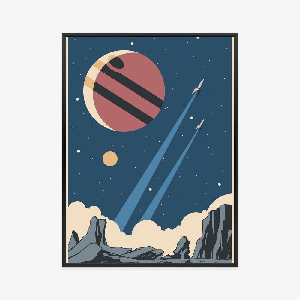 Plakat - Rockets planets and stars in retro style ramme aluminium farve sort