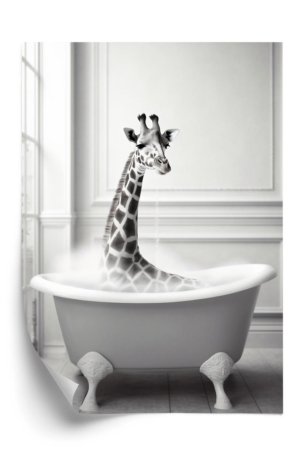 Plakat - Surrealistisk illustration med en giraf i et badekar