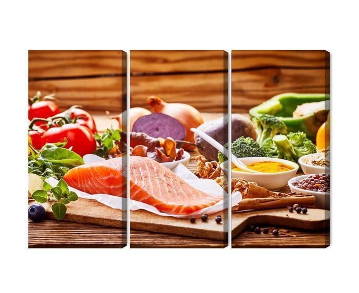 Flerdelt billede på lærred laks blandt grøntsager