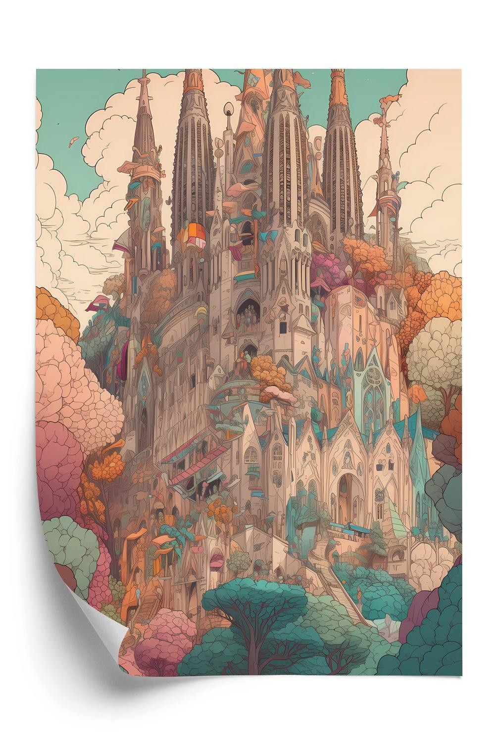 Plakat - Sagrada familia farverig illustration