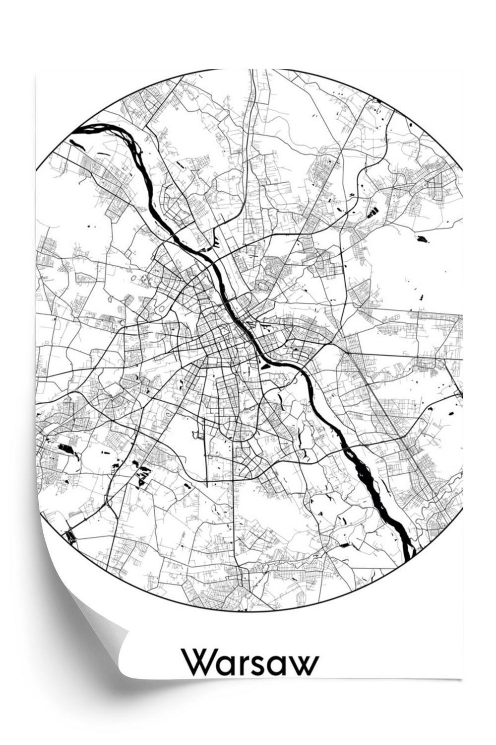 Plakat - Warszawa minimalistisk kort i en cirkel