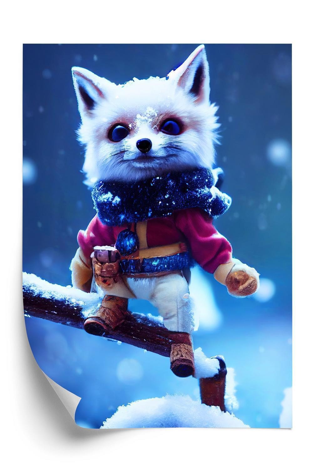 Plakat - A cute character of a white snow fox standing on a branch in the forest.