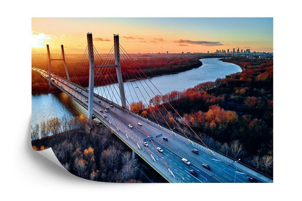 Fototapet - Beautiful panoramic aerial drone view to cable-Stayed siekierkowski bridge over the vistula river and warsaw