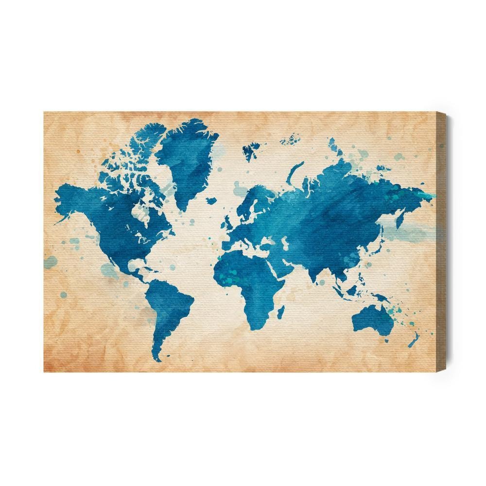 Lærred - Verdenskort i blå toner