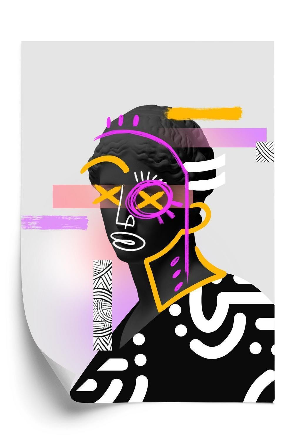 Plakat - Contemporary art collage with antique black colored statue bust with neon drawings. surreal style. female eye e