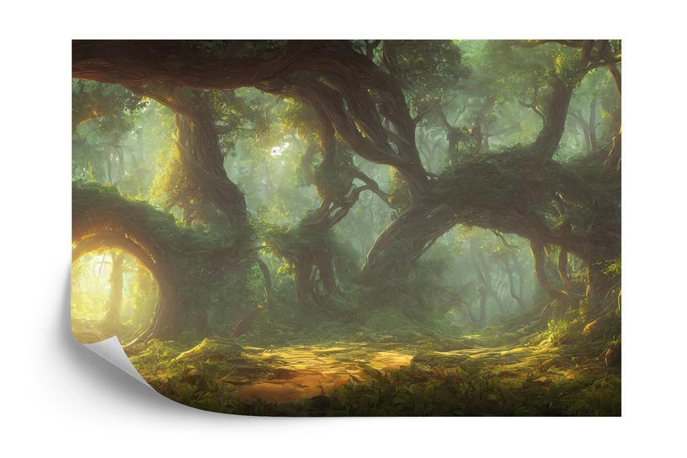 Fototapet - Amazing fantastic curved forest. forest landscape of trees in the rays of the sun. 3D