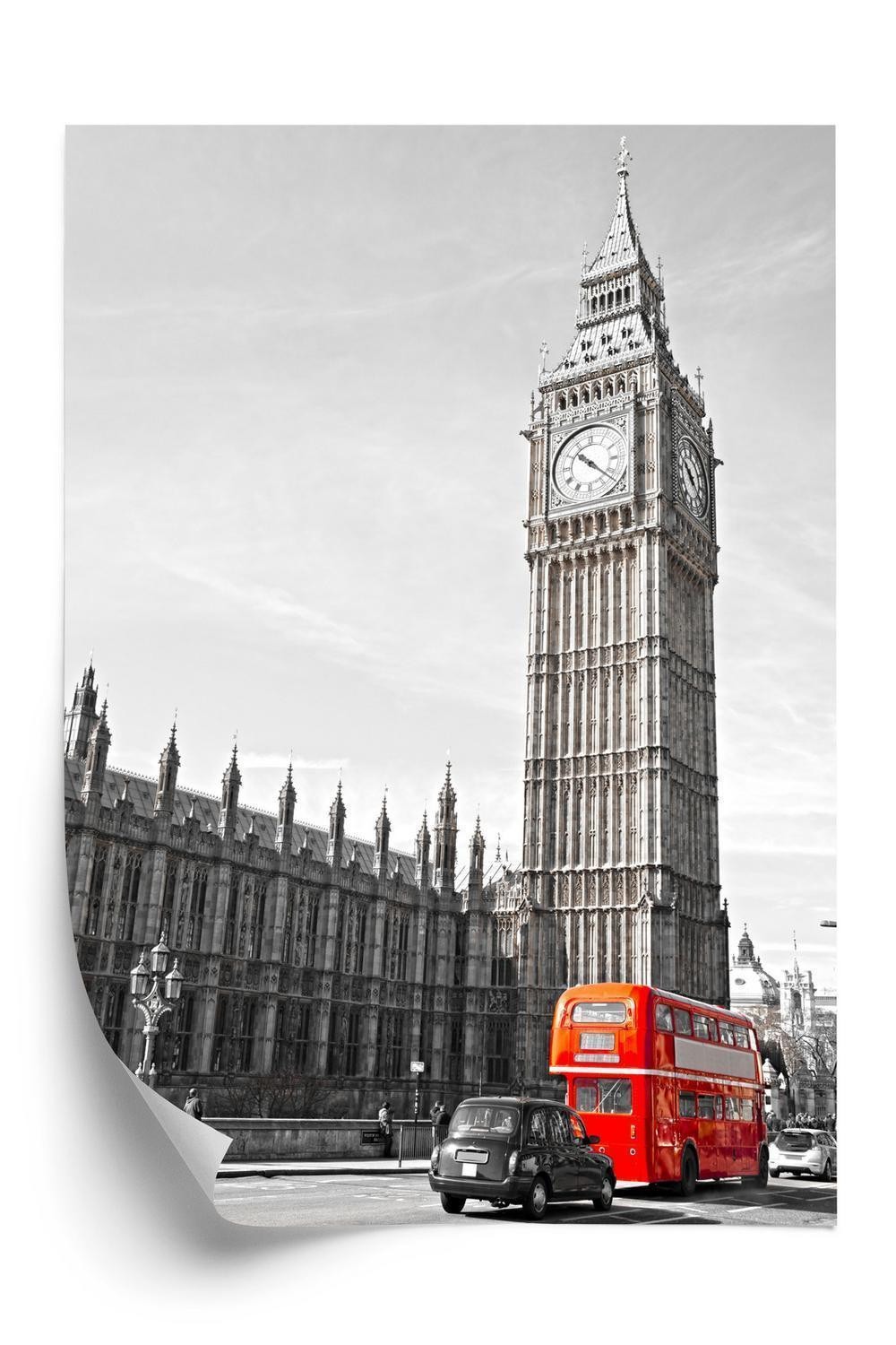 Plakat - Rød bus og sort-Hvidt landskab i palace of westminster