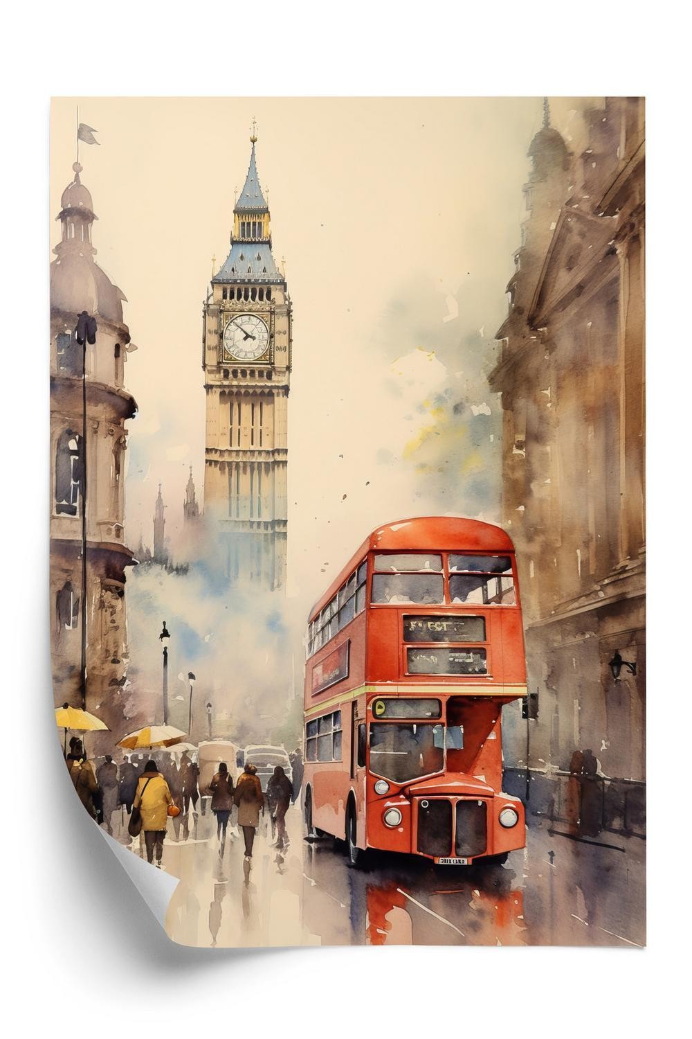 Plakat - Rød bus og big ben i london akvarel