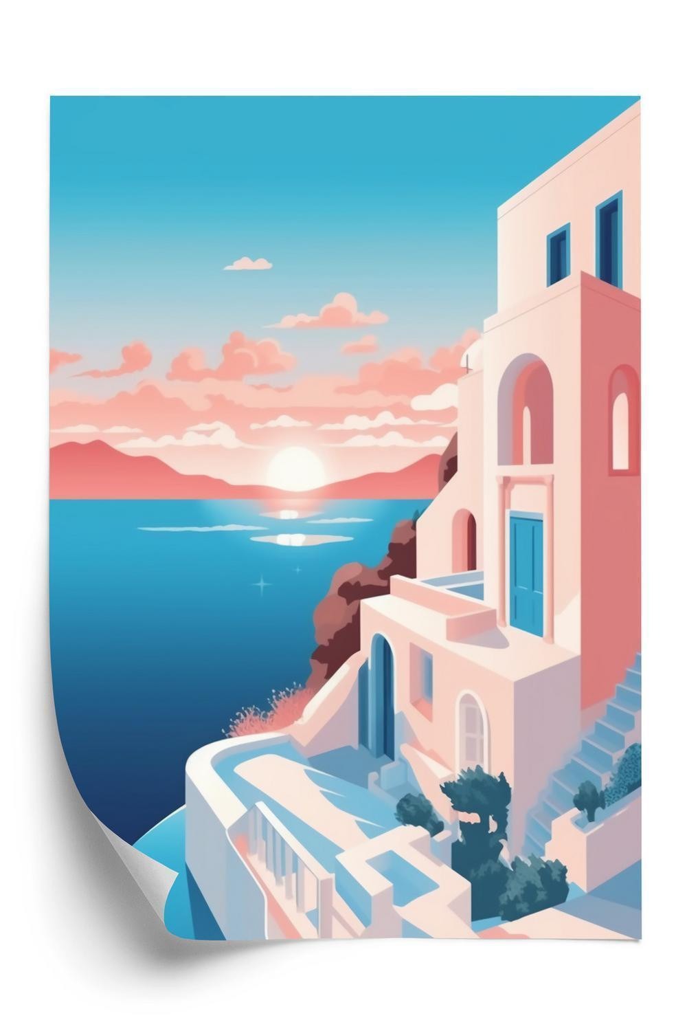 Plakat - Illustration med en solnedgang i santorini