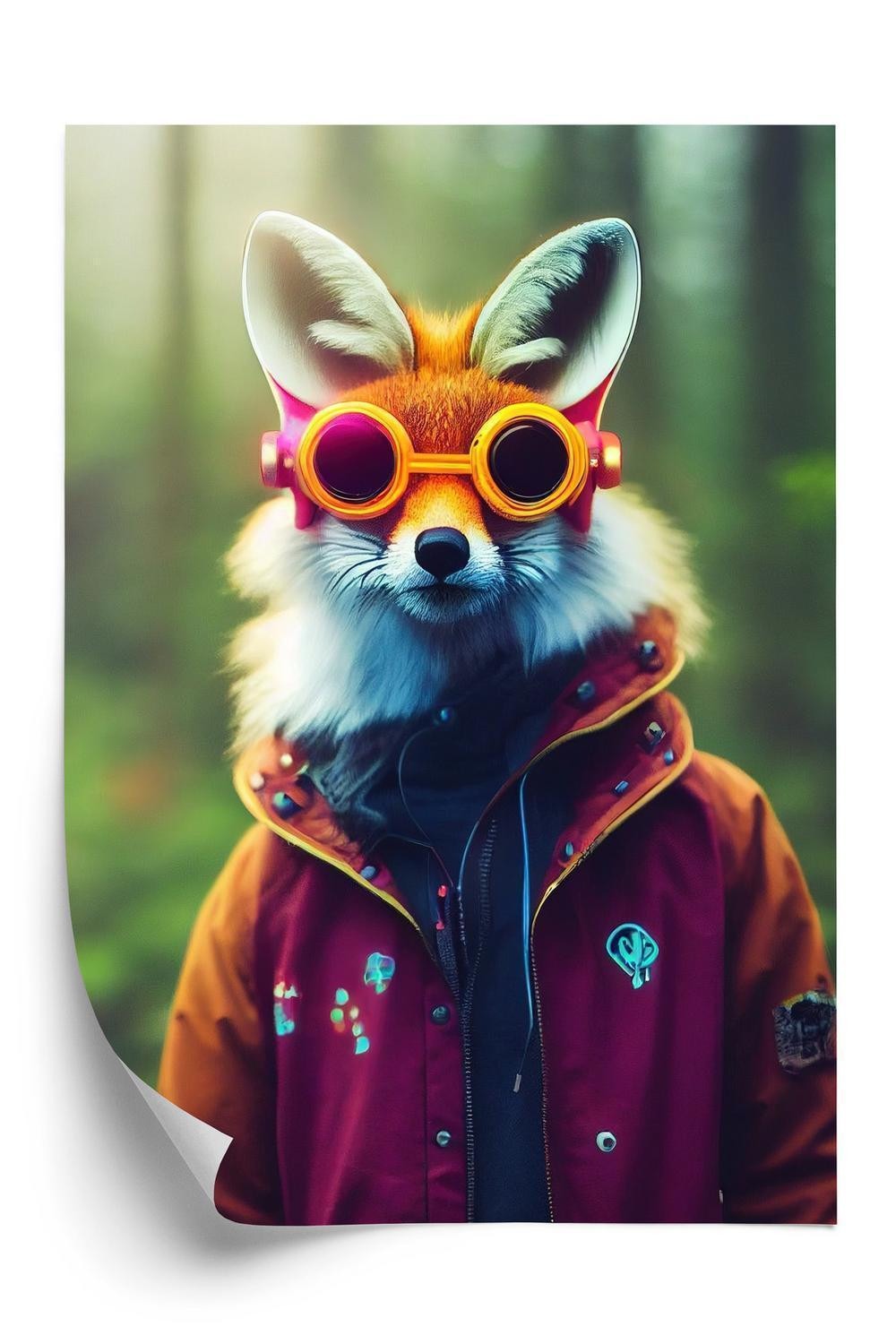 Plakat - Portrait of a fox wearing a cyberpunk headset neon virtual glasses and cyberpunk gear. high-Tech fox. the con