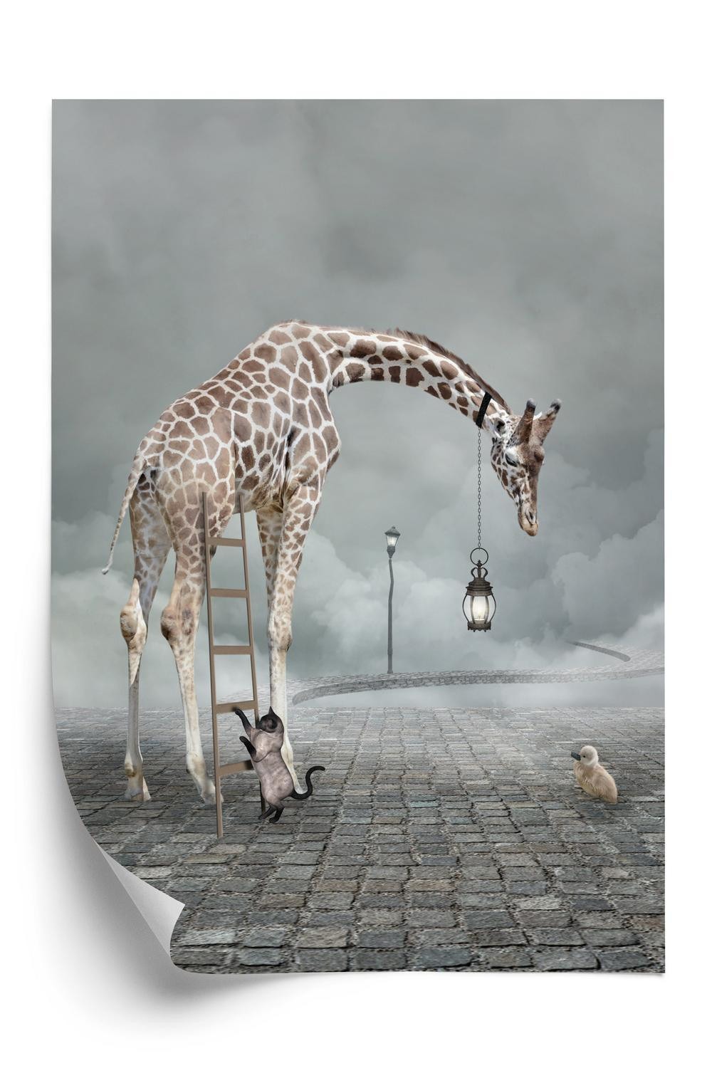 Plakat - Surrealistisk giraf kattestige og lampe