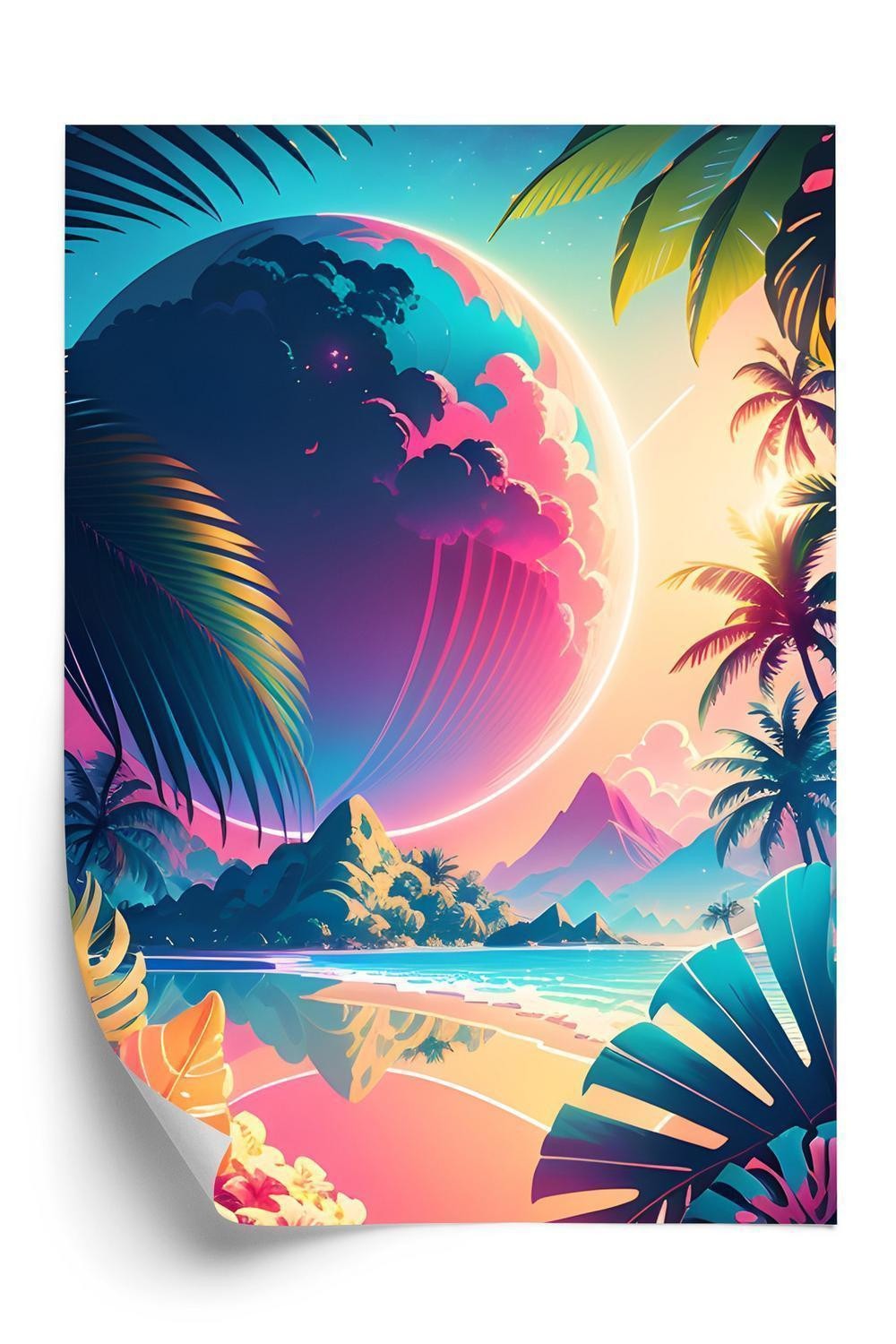 Plakat - Tropisk strand og abstrakt planetlandskab