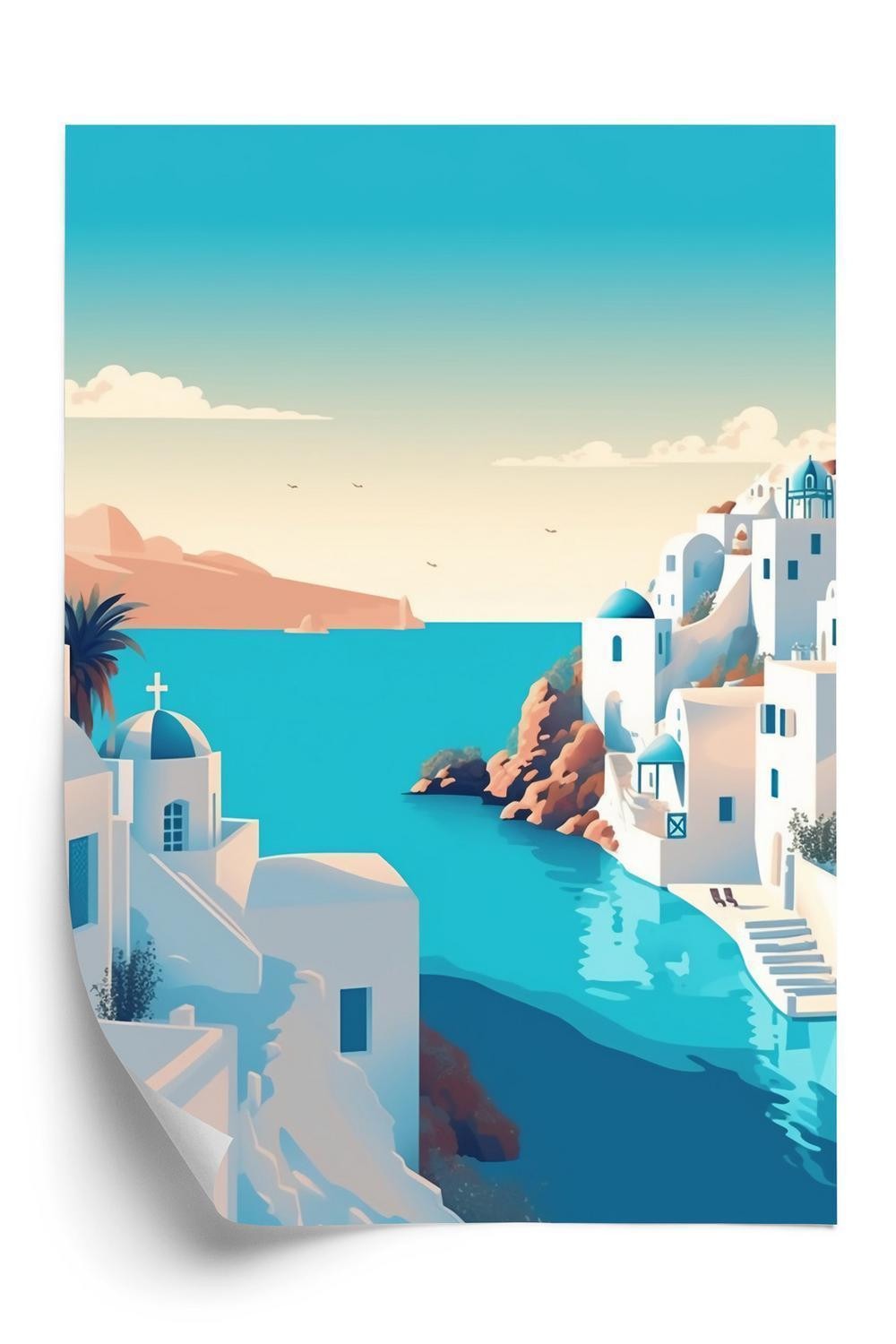 Plakat - Smuk santorini med blå hav illustration