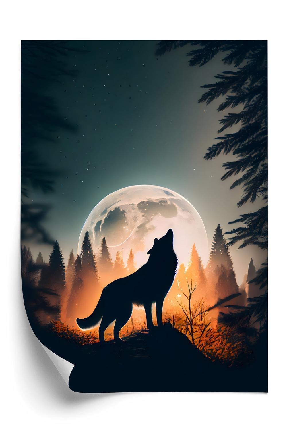 Plakat - En ulv hyler på en sten ved månen