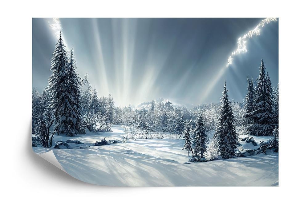 Fototapet - Beautiful winter landscape. majestic white spruces glowing by sunlight. picturesque and gorgeous wintry scen