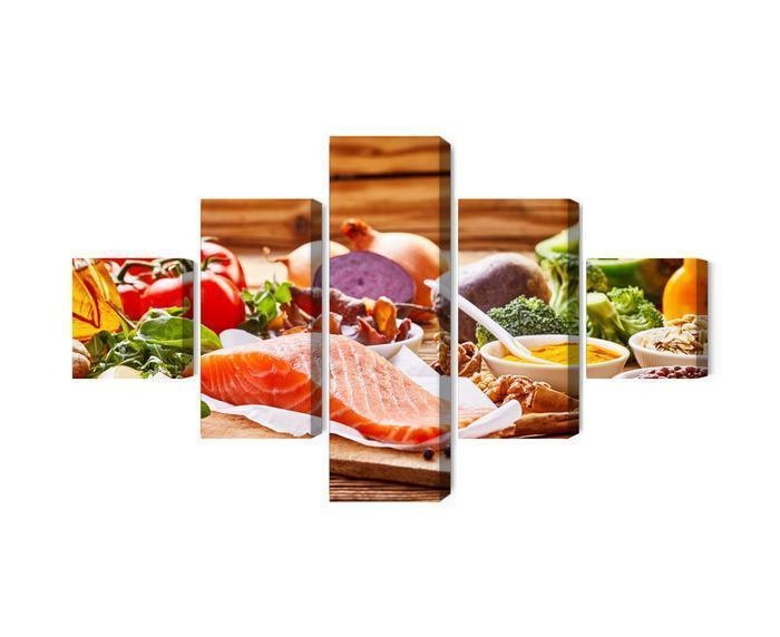 Flerdelt billede på lærred laks blandt grøntsager