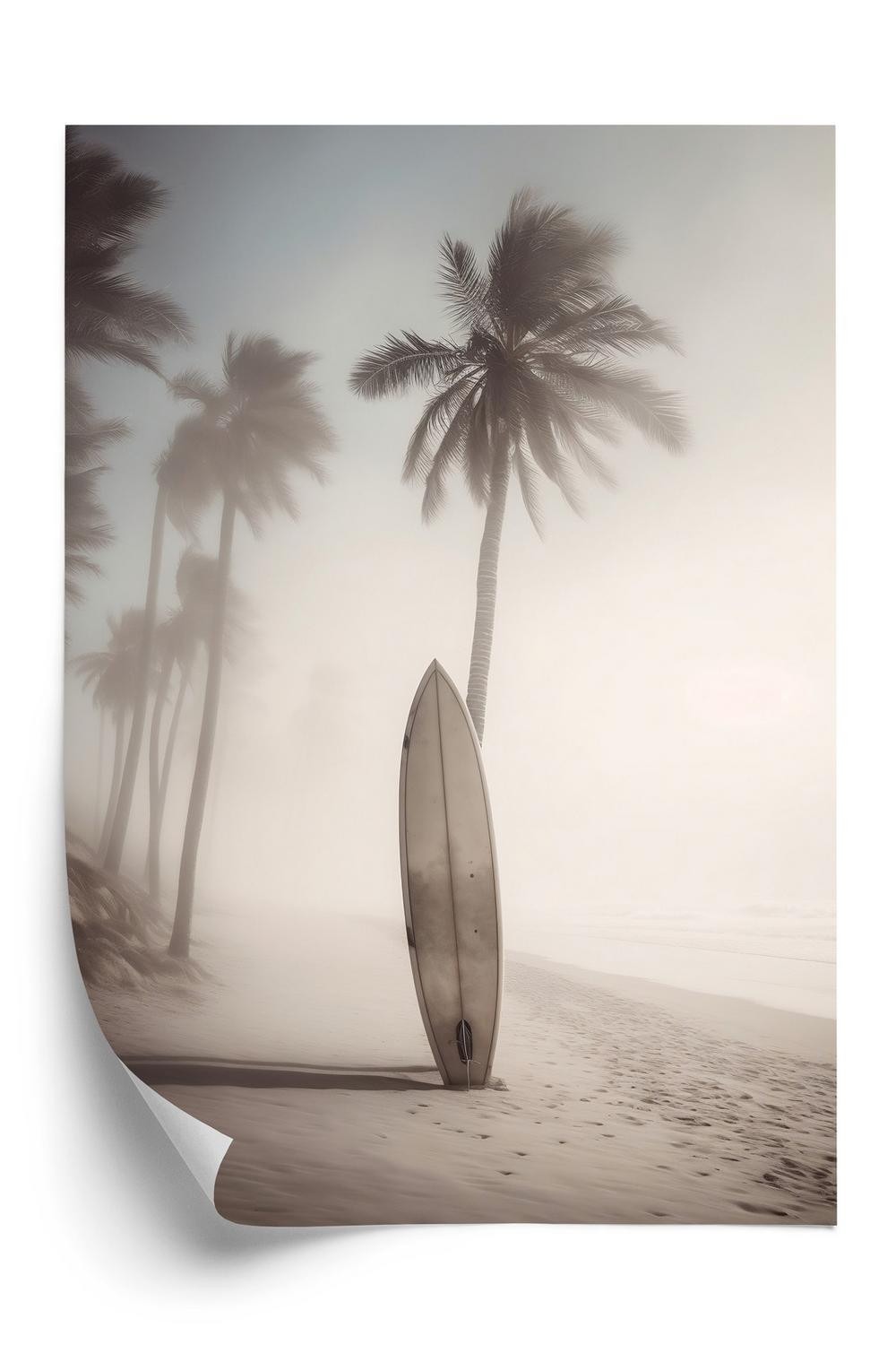 Plakat - Surfbræt på stranden med palmer