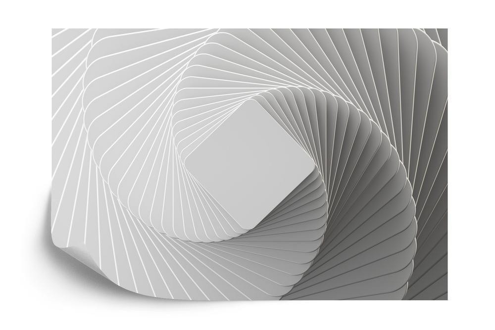 Fototapet - 3D render abstract white geometric background minimal flat lay twisted deck of square blank cards with ro
