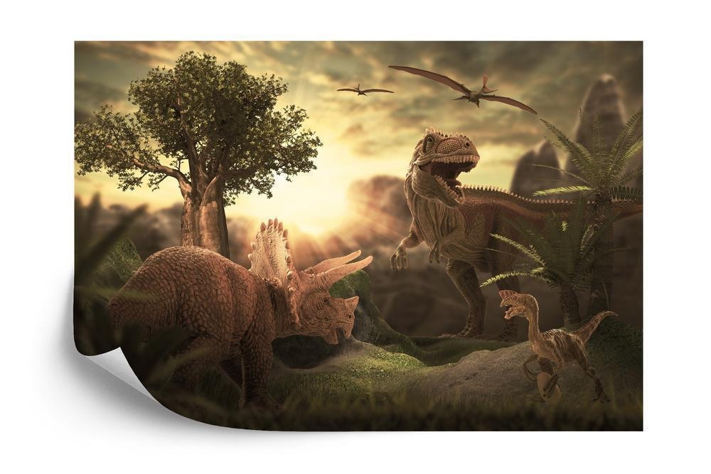 Fototapet - Dinosaurer ved solnedgang