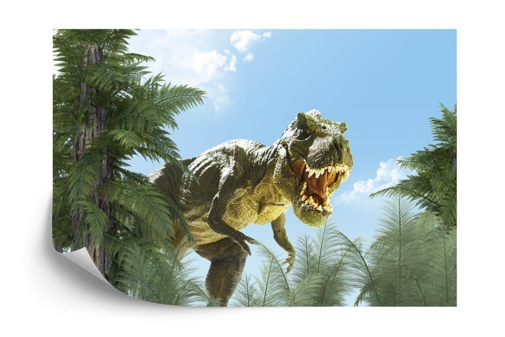 Fototapet - Stor t-Rex dinosaur og palmen