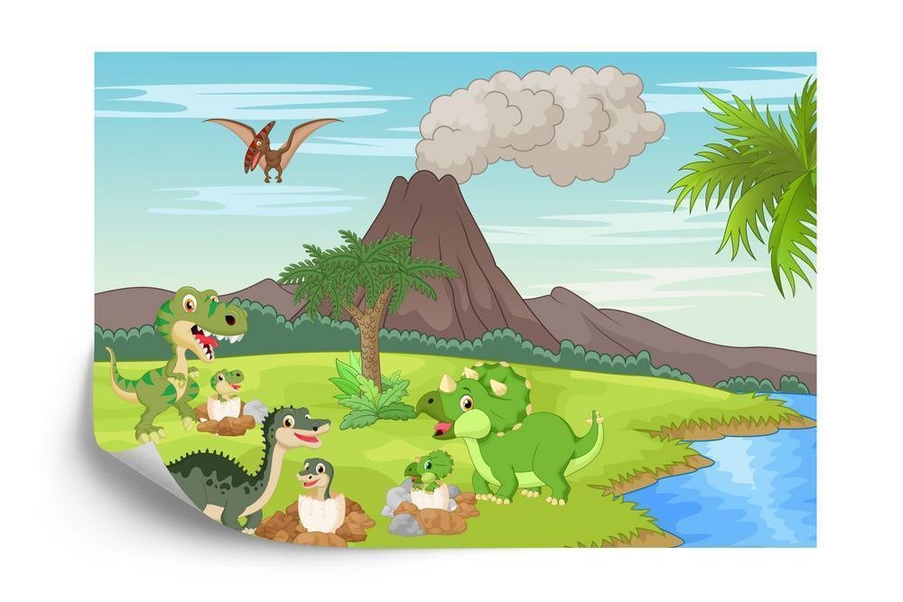Fototapet - Dinosaurer og vulkan